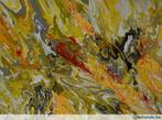 Schilderij - acrylic pouring - geel, grijs, zwart,wit & rood