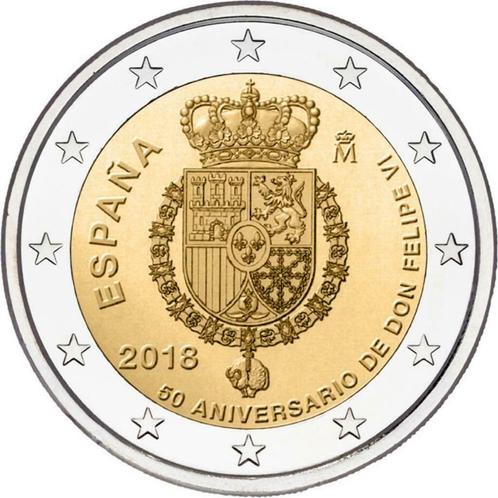 2 euros Espagne 2018 UNC 50e anniversaire du roi Felipe VI, Timbres & Monnaies, Monnaies | Europe | Monnaies euro, Série, 2 euros
