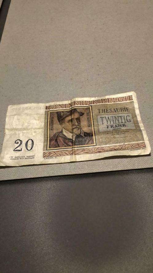 Oud Belgisch bankbiljet 20 frank -   03-04-56, Verzamelen, Overige Verzamelen, Gebruikt, Ophalen of Verzenden