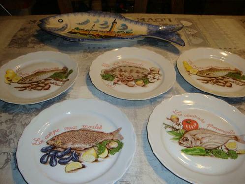 5 borden - handbeschilderde getekende visschaal, Huis en Inrichting, Keuken | Servies, Zo goed als nieuw, Bord(en), Overige stijlen
