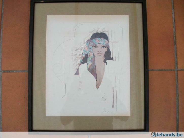 Gravure / Litho van meisje met sjaal  - William Tara, Antiek en Kunst, Kunst | Litho's en Zeefdrukken, Ophalen of Verzenden