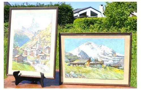 2 chromo paysage alpin cadre bois, Antiquités & Art, Art | Autres Art