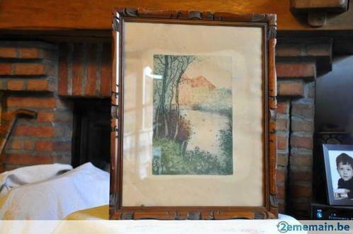 lithogravure maison dans les arbre cadre bois vitré, Antiquités & Art, Art | Lithographies & Sérigraphies