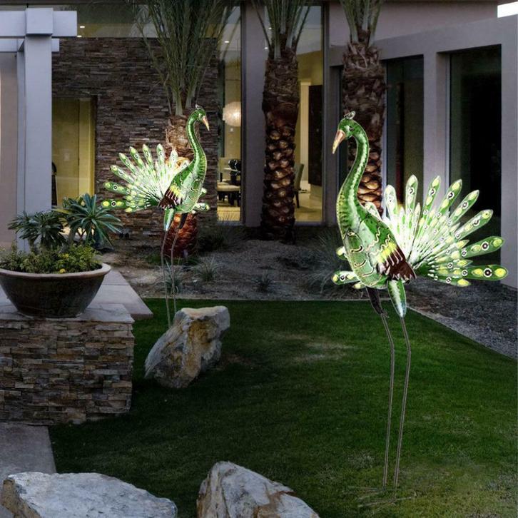 Set Van 2x Led-Verlichte Exotische Pauwen Op Zonneenergie, Tuin en Terras, Tuinbeelden, Nieuw, Metaal, Ophalen of Verzenden