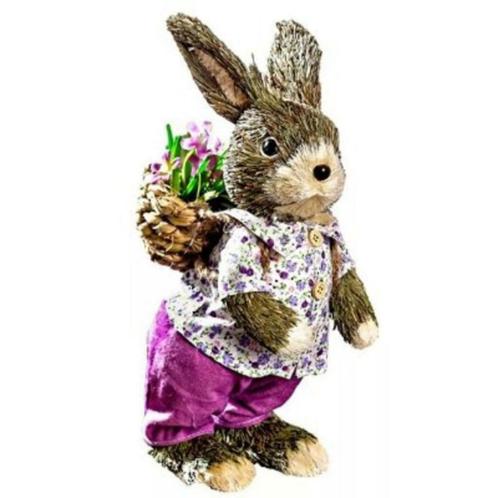 Paasdecoratie stro konijn met mandje 25 cm, Diversen, Pasen, Nieuw, Ophalen of Verzenden
