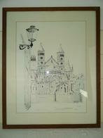 Vintage dessin église cathédrale 59,5 par 73,5 cm imprimé, Enlèvement ou Envoi