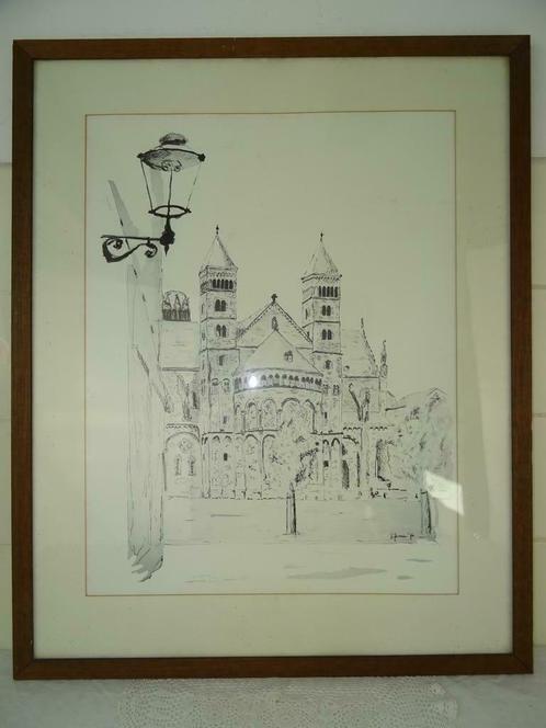 Vintage dessin église cathédrale 59,5 par 73,5 cm imprimé, Antiquités & Art, Curiosités & Brocante, Enlèvement ou Envoi