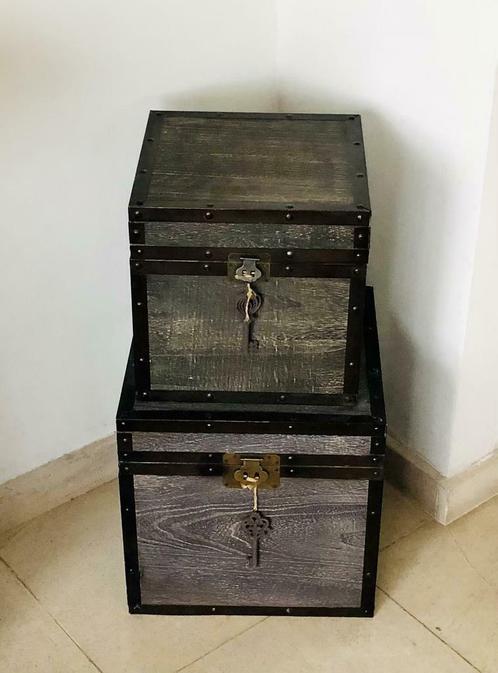 coffre boîte en bois rangement clé deco design vintage brun, Maison & Meubles, Lampes | Lustres, Bois