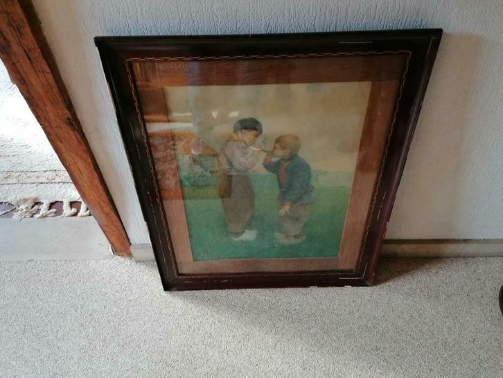 Ingekaderde print van F.Charlet : 2 jongens met sigaar, Antiek en Kunst, Kunst | Overige Kunst, Ophalen