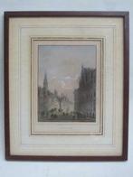 Mooie gekleurde staalgravure - Bredestraat - Leiden - 19de E, Antiek en Kunst