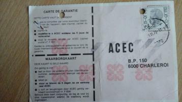 carte garantie "ACEC"   vintage  '79, Enlèvement ou Envoi, Comme neuf, Emballage