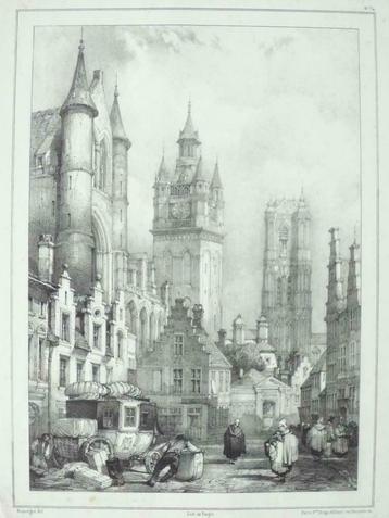 lithographie ancienne tours de GAND Tour du Belfort, Antiquités & Art, Enlèvement ou Envoi