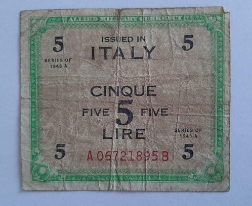 billet de 5 lires Italie 1943 A allied military five lire, Timbres & Monnaies, Billets de banque | Europe | Billets non-euro, Italie