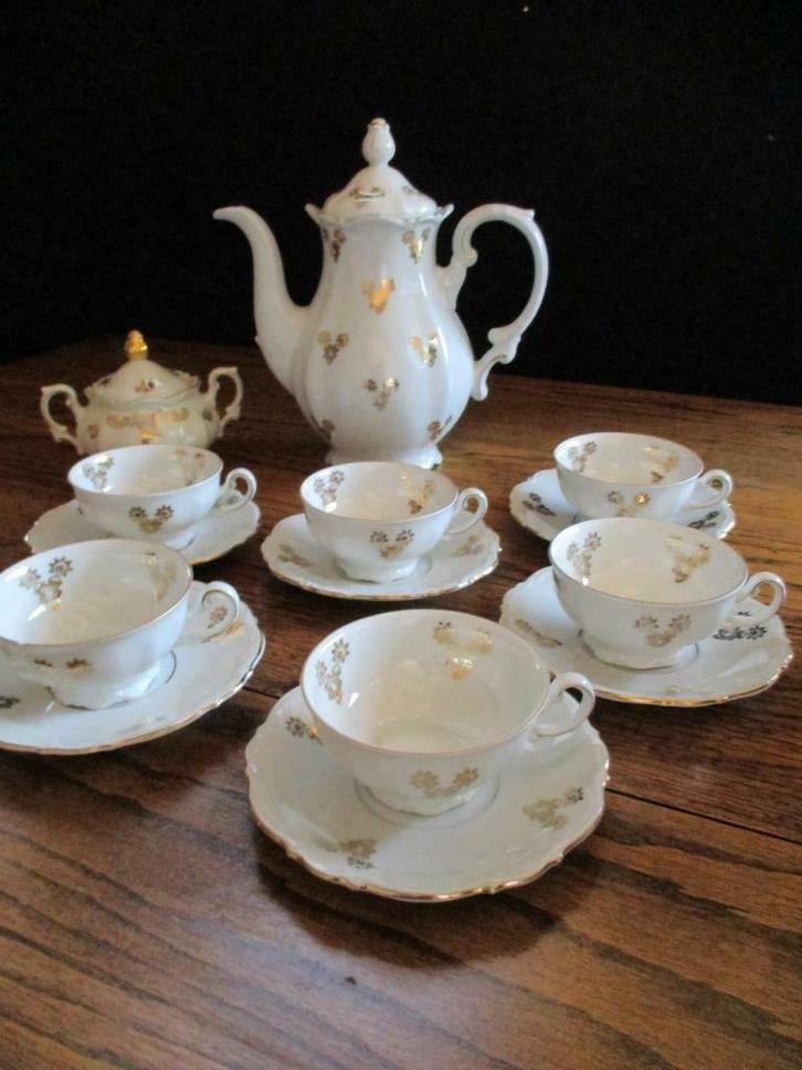 Antiek Koffieservies Bavaria Mitterbach met gouden bloem 11p, Antiek en Kunst, Antiek | Keramiek en Aardewerk, Ophalen