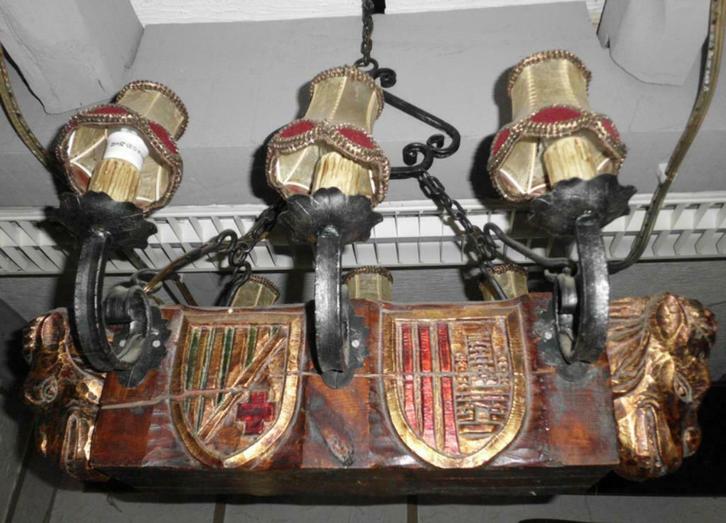 Artistieke houten luster, Huis en Inrichting, Lampen | Kroonluchters, Zo goed als nieuw, Hout, Ophalen of Verzenden