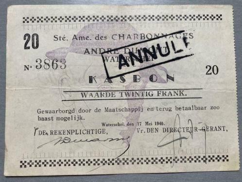 Kasbon kolenmijn Waterschei 1940 20 frank, Postzegels en Munten, Bankbiljetten | Europa | Niet-Eurobiljetten, Los biljet, België