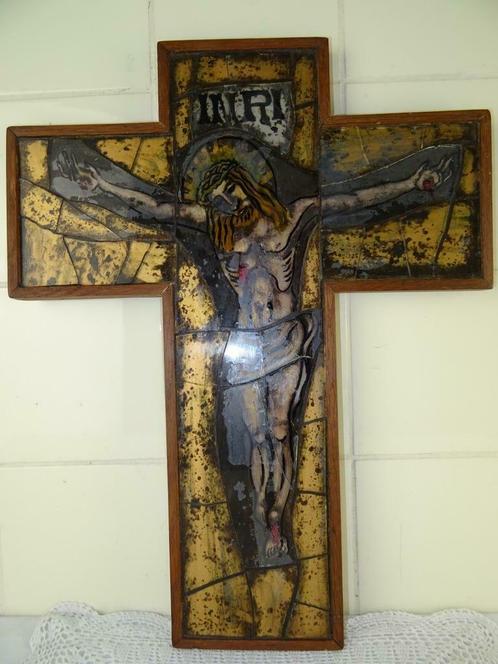 Gebrandschilderd antiek kruisbeeld mozaïek curiosa kunst, Antiek en Kunst, Antiek | Religieuze voorwerpen, Ophalen of Verzenden