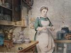 Mooie grote chromolitho schoolplaat - In de keuken - ca 1900, Antiek en Kunst, Curiosa en Brocante, Ophalen