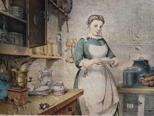 Mooie grote chromolitho schoolplaat - In de keuken - ca 1900, Antiek en Kunst, Curiosa en Brocante, Ophalen