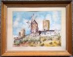 Kleurige aquarel van een oude graanmolen in Mallorca