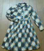 Supertoffe bruine vintage jurk met blauw accent, maat XS/S, Bruin, Ophalen of Verzenden, Zo goed als nieuw, Knielengte