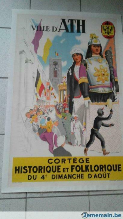 Affiche ville d' Ath, cortège Historique et folklorique 1950, Collections, Posters & Affiches, Utilisé, Autres sujets/thèmes, Envoi