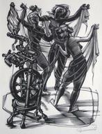 houtsnede Gerard Gaudaen (1927-2003) Drie spinsters, Antiek en Kunst, Kunst | Etsen en Gravures, Ophalen of Verzenden