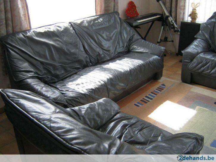 Mooie Lederen Salon in Antraciet Grijs Rundsleder, Huis en Inrichting, Stoelen, Gebruikt, Leer, Grijs, Ophalen