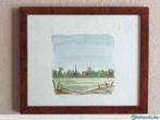 Walnoot houten aquarel dorpszicht Sint-Winoksbergen  Bergues, Antiek en Kunst