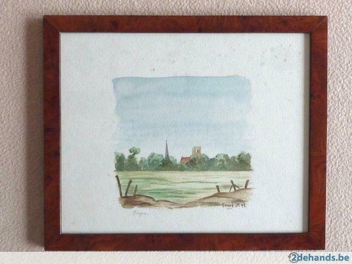 Walnoot houten aquarel dorpszicht Sint-Winoksbergen  Bergues, Antiek en Kunst, Kunst | Tekeningen en Fotografie