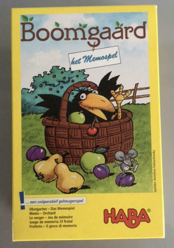 Memospel Boomgaard - Haba, Hobby en Vrije tijd, Gezelschapsspellen | Bordspellen, Zo goed als nieuw, Drie of vier spelers, Ophalen