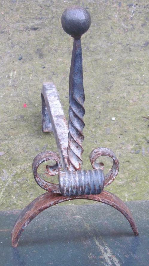 2 smeedijzeren vuurbokken voor open haard, houtblok steunen, Huis en Inrichting, Kachels, Gebruikt, Hout, Ophalen of Verzenden