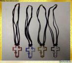 lederen halsband met kruis met gekleurde strass stentjes, Nieuw, Met strass, Overige materialen, Blauw