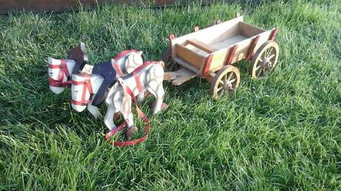 Beau chariot attelage de 2 chevaux jouet bois 1950, Antiek en Kunst, Curiosa en Brocante, Ophalen of Verzenden