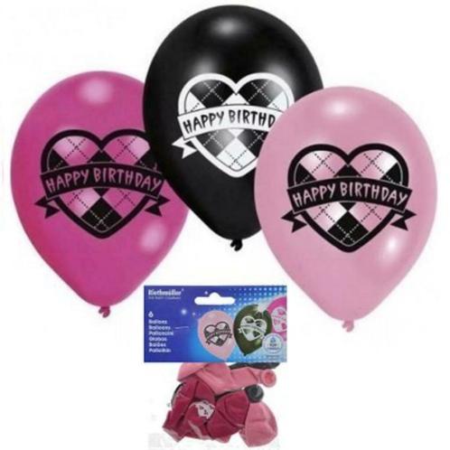 Ballonnen verjaardag Happy Birthday roze zwart 6 st, Hobby en Vrije tijd, Feestartikelen, Nieuw, Versiering, Ophalen of Verzenden