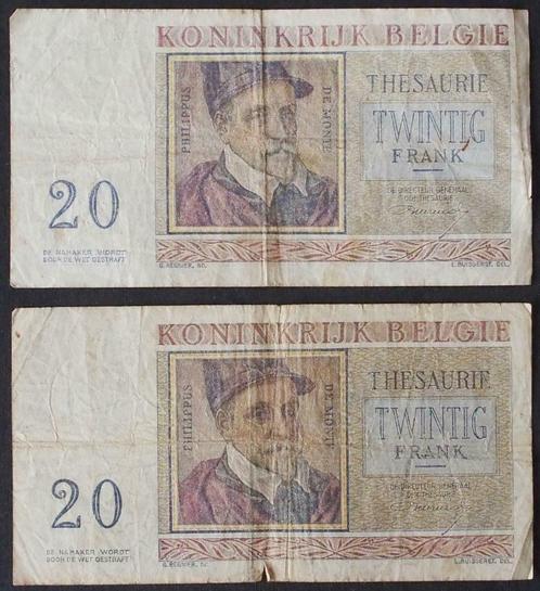 2 biljetten 20 Belgische frank 03-04-56, Postzegels en Munten, Bankbiljetten | België, Los biljet, Ophalen of Verzenden