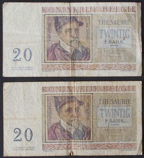 2 billets 20 francs belges 03-04-56, Timbres & Monnaies, Billets de banque | Belgique, Billets en vrac, Enlèvement ou Envoi