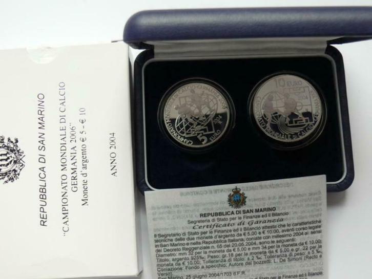 San Marino 5 + 10 Euro 2004 WK Voetbal 2006 Duitsland zilver, Postzegels en Munten, Munten | Europa | Euromunten, Setje, 10 euro