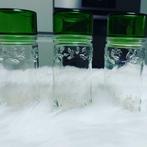3 vintage glazen voorraadpotten met groen dopsel in rookglas, Glas, Overige typen, Ophalen of Verzenden, Zo goed als nieuw