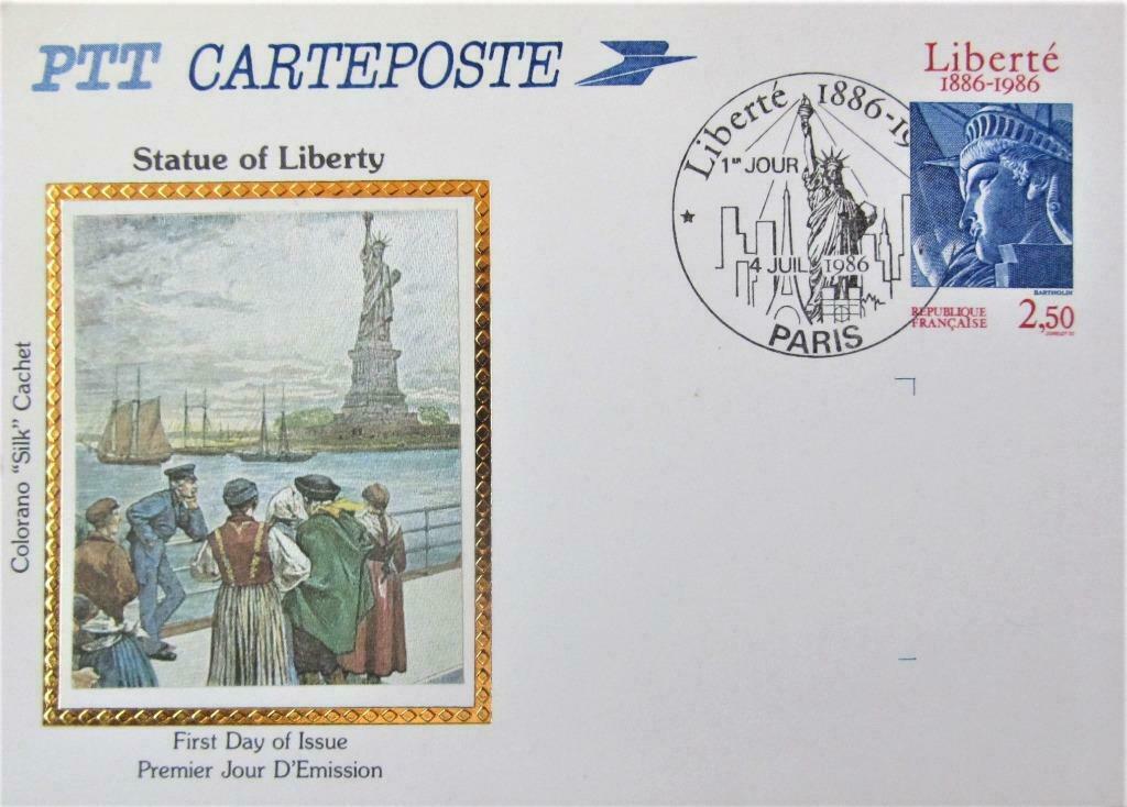 FDC - ZIJDE EN OP KAART -FRANKRIJK- KUNST-HET VRIJHEIDSBEELD, Ophalen of Verzenden, Gestempeld, Overige thema's