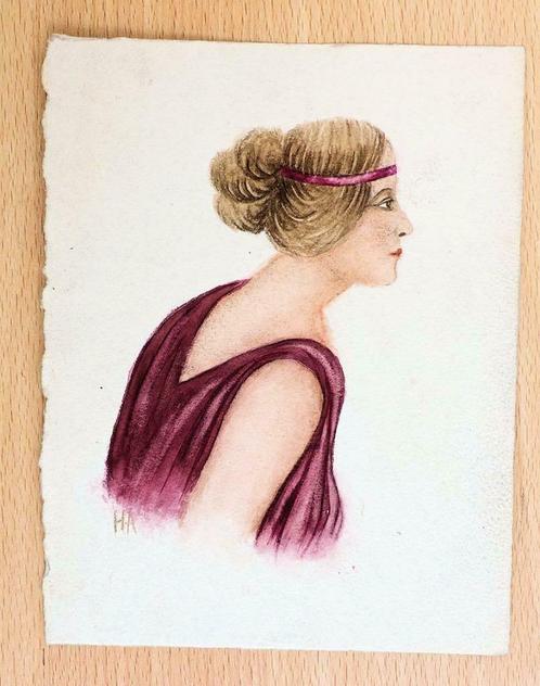A373 H. ABAHOUNI ca. 1920 Tekening Dame met haarband, Antiquités & Art, Art | Dessins & Photographie, Enlèvement ou Envoi