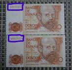 Lot 2 Billets 200 Pesetas 1980 UNC, Timbres & Monnaies, Série, Enlèvement ou Envoi, Autres pays