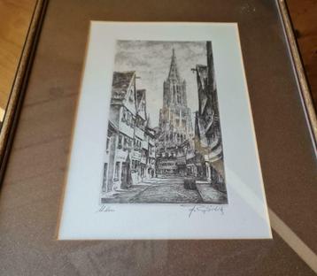 Ets / pentekening Friedrich Görlitz - Kathedraal van Ulm, Enlèvement