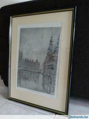 Lithografie van Brusselse Grote Markt in kader ± Jaren '80 beschikbaar voor biedingen