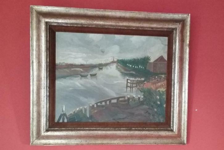 Landschapsschilderij: aan de oever van een woelige rivier, Antiek en Kunst, Kunst | Schilderijen | Klassiek, Ophalen
