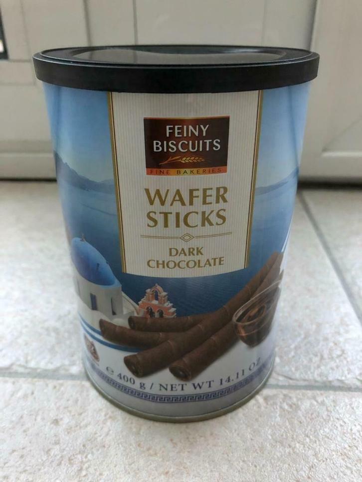 Blik Feiny Biscuits wafer sticks dark chocolate met deksel., Verzamelen, Blikken, Zo goed als nieuw, Koek(jes), Overige merken