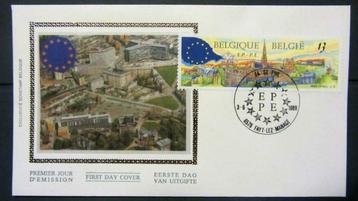 FIRST DAY COVER OP ZIJDE- TOERISME-STEDEN- BRUSSEL- BELGIË, Enlèvement ou Envoi, Affranchi, Lieu ou Bâtiment