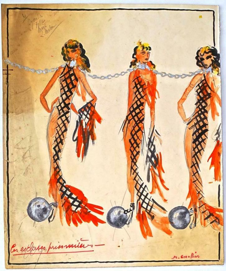 A204 Marcel Escoffier Kostuumontwerp -  Esclaves Prisonniers, Antiek en Kunst, Kunst | Tekeningen en Fotografie, Ophalen of Verzenden