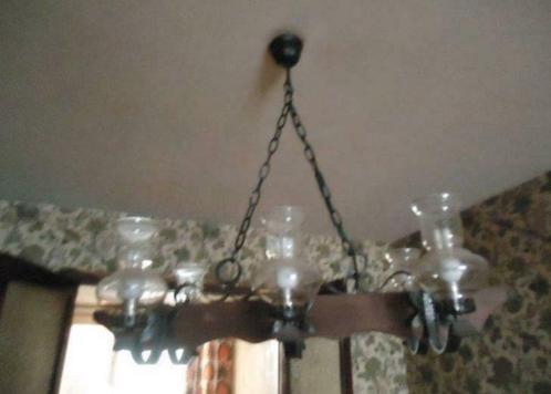 eiken en smeedijzeren kroonluchter, Huis en Inrichting, Lampen | Kroonluchters, Hout, Metaal, Ophalen