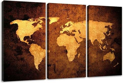 Tableau sur toile en 3 parties Carte du monde vintage marron